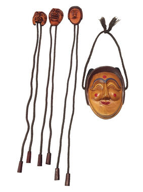 Vtg Korean Hahoe Hahoetal Wooden Bune Punae Mask & 3 Resin Yangban Bolo Neckties